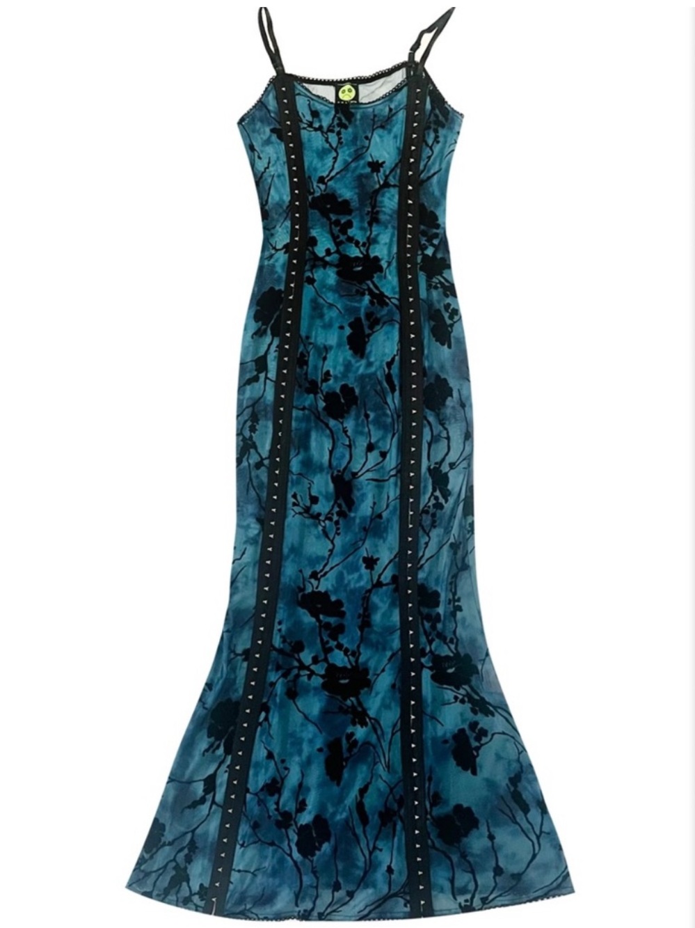 Y2K Whimsigoth Sheer Mesh Burnout Velvet Floral Maxi Dress Amarantha Blue Black